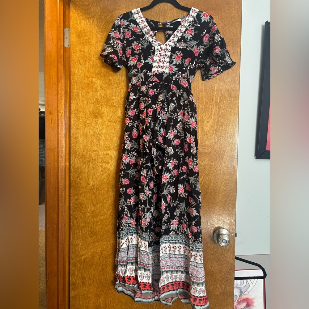 Bohemian Floral Romper Maxi Dress - Black with Pink Floral